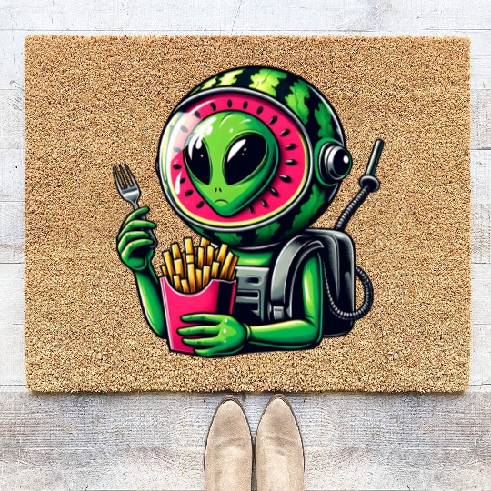 Alien with watermelon helmet eats fries Coir Doormats