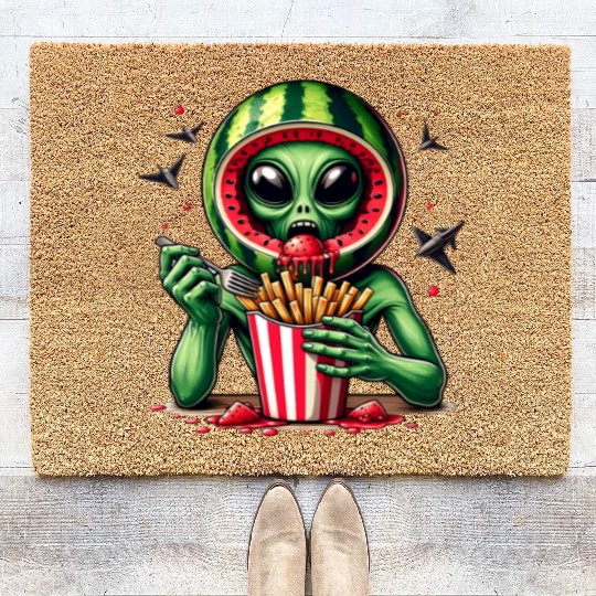 Alien with watermelon helmet eats fries Coir Doormats