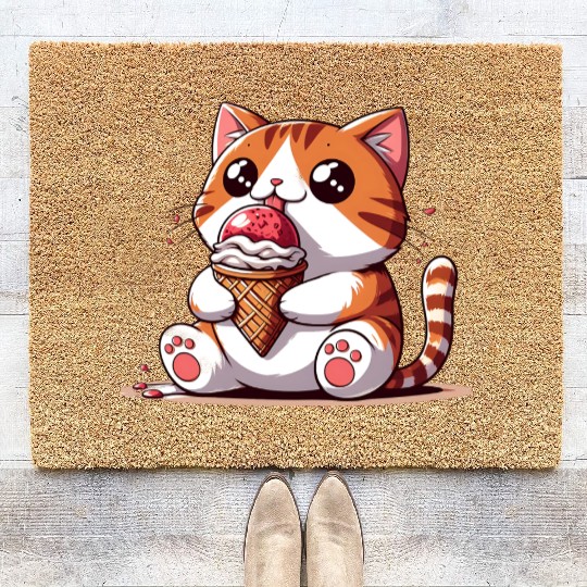 Chubby cat enjoys ice cream balls Coir Doormats