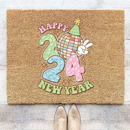 Happy New Year 2024 disco ball party Coir Doormats