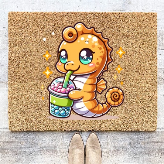 Kawaii Sea Horse Enjoys Bubble Tea Sea Animal Boba Coir Doormats
