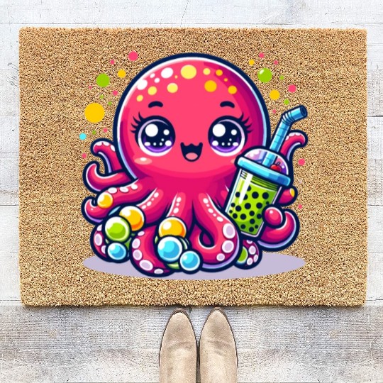 Kawaii Octopus With Bubble Tea Sea Ocean Boba Tea Coir Doormats