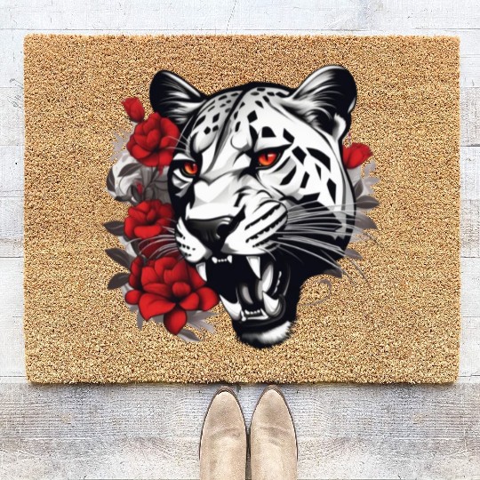 Dynamic Panther Embraces Kindness in Floral Glory Coir Doormats