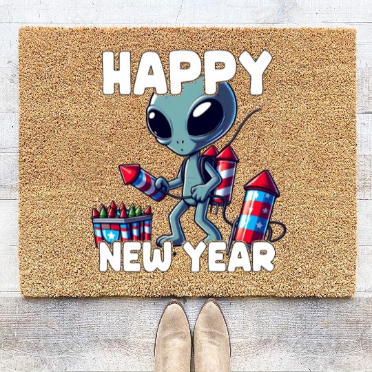Festive alien with New Year greetings Coir Doormats