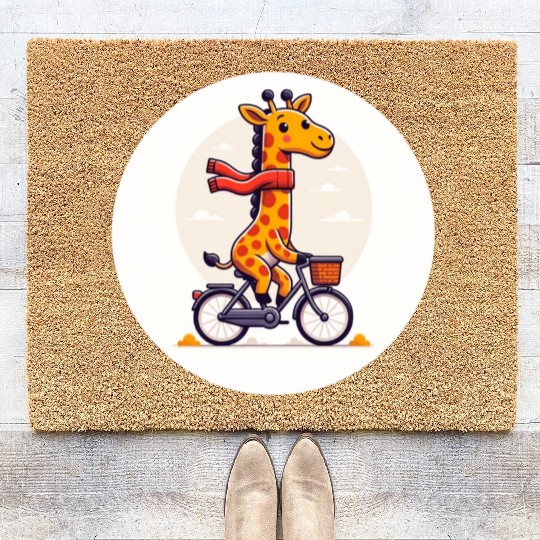 Sweet baby giraffe riding a bike Coir Doormats