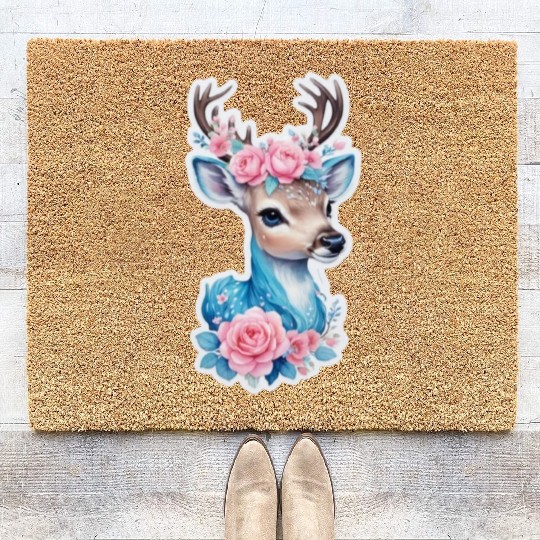 cute deer blue blossom pink rose Coir Doormats