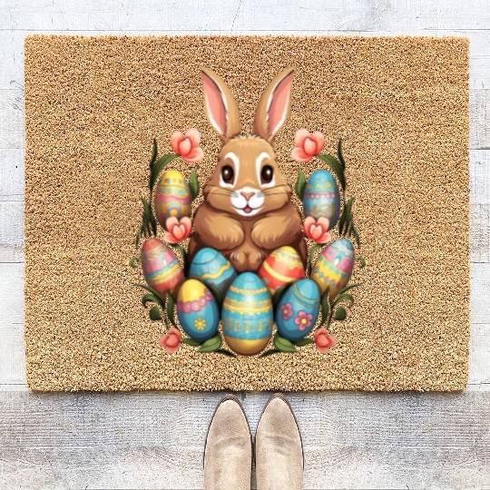 Easter Bunny Rabbit Colorful Eggs Easter Egg Hunt Coir Doormats