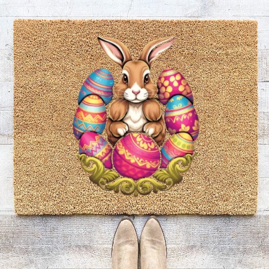 Easter Bunny Rabbit Colorful Eggs Easter Egg Hunt Coir Doormats