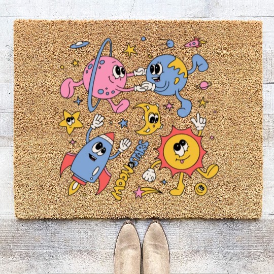 Solar System Planets Moon Sun Saturn Cute Groovy Coir Doormats
