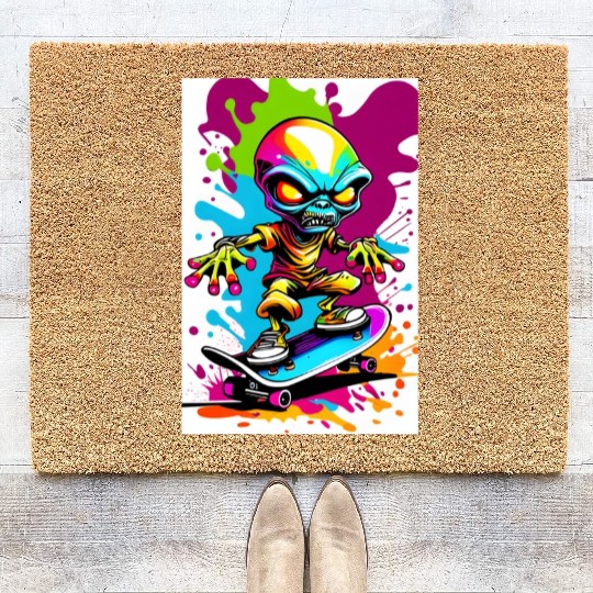 Alien on skateboard colorful illustration Coir Doormats