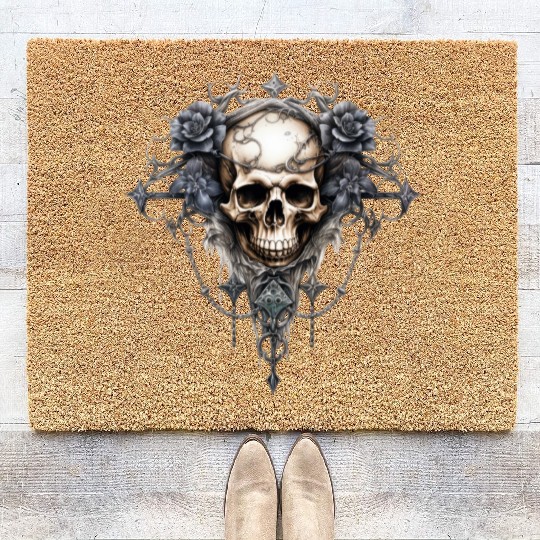 Gothic Art Print with Skull and Roses Coir Doormats
