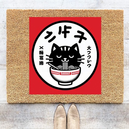 Vintage-Inspired Kawaii Cat Enjoying Japanese Rame Coir Doormats