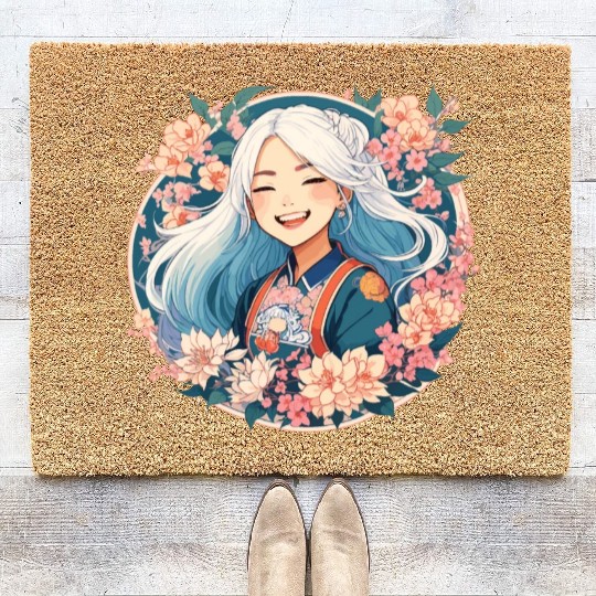Happy Smile Pretty Japanese Anime Girl with Flower Coir Doormats