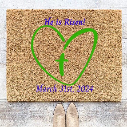 He Is Risen Heart with a Cross; March 31st, 2024 Coir Doormats