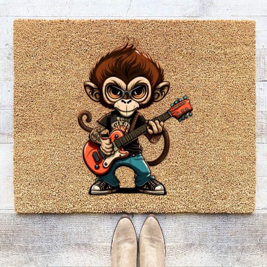 Monkey Chimpanzee Playing Acousitc Rock Guitar Coir Doormats