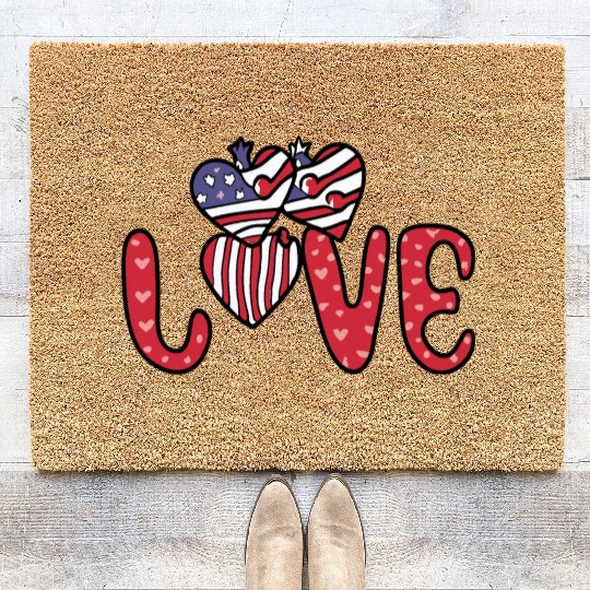 Flag Patriotic Lover Red Hearts US American Coir Doormats