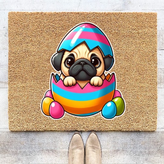 Easter pug hatches from colorful Easter eggs Coir Doormats