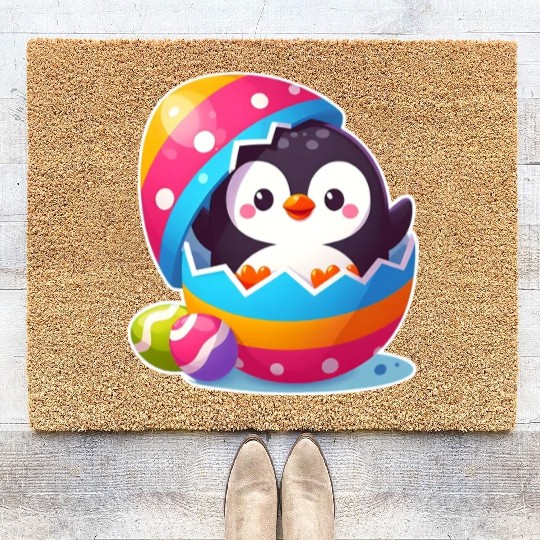 Penguin hatches from colorful Easter egg Coir Doormats