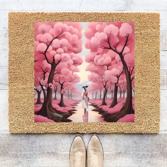 Japanese style art with cherry blossom festival Coir Doormats