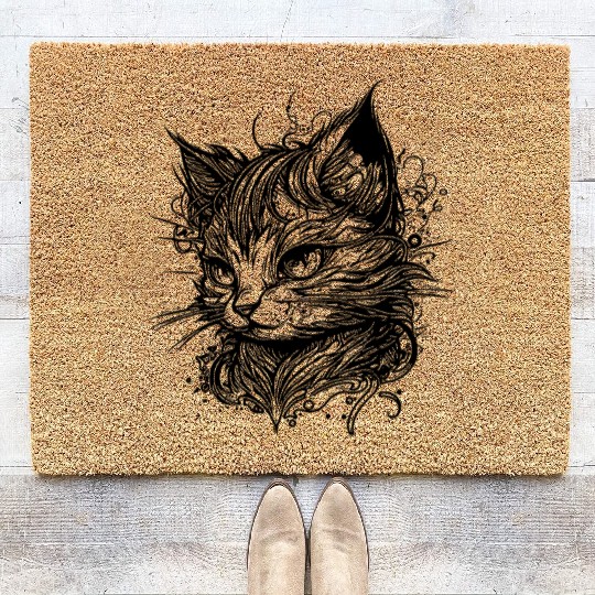 Cuddly Little Space Cat In Vintage Style Coir Doormats