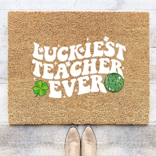 Luckiest Teacher Ever Disco Ball Shamrock Groovy Coir Doormats