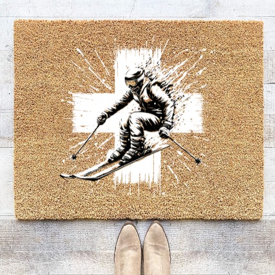 Skiing Switzerland - Swiss Skier in the Alps Coir Doormats