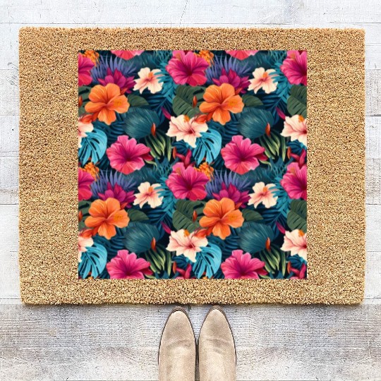 Exotic Hibiscus Botanical Pattern Coir Doormats