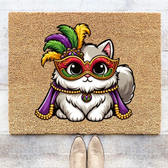 Mardi Gras Persian Cat, Masked Cat Costume Coir Doormats
