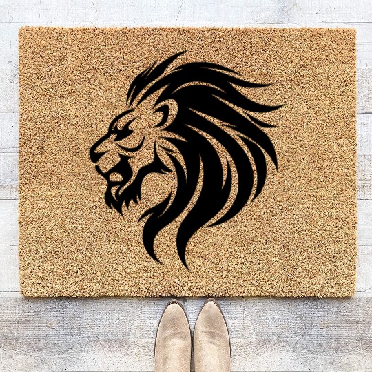 Angry Lion Head Tattoo Style Waving Mane Coir Doormats