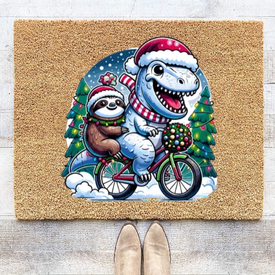 Winter Wonderland T-Rex and Sloth Cycling Duo Coir Doormats