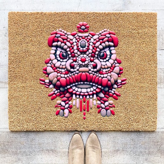 Chinese New Year - Pink Peony Lion Dance Mask Coir Doormats
