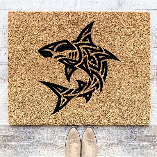 Tribal Hammerhead Shark Style Diver Fan Tattoo Coir Doormats