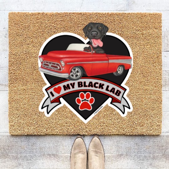 Cute black lab in classic truck inside a heart Coir Doormats
