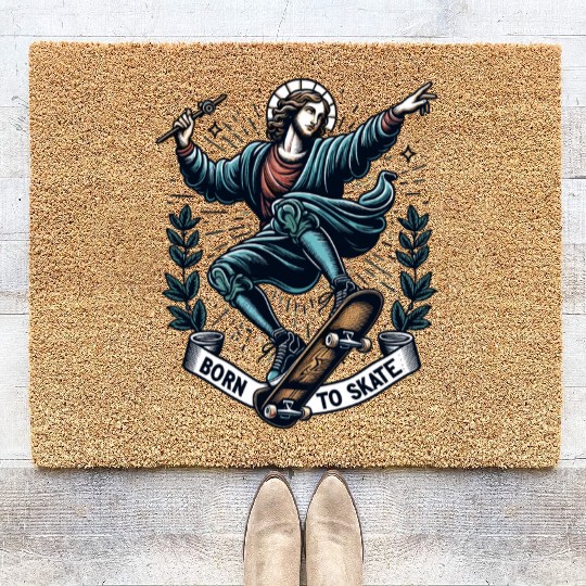 Born To Skate Fun Jesus Saint Skateboard Sarcasm Coir Doormats