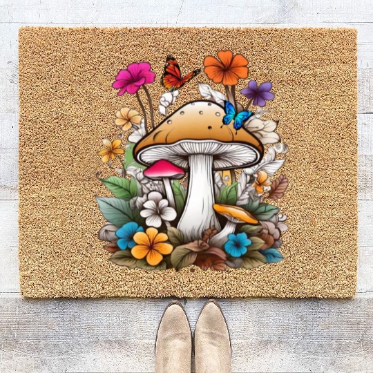 forest of mushrooms and flowers,funny mushrooms Coir Doormats