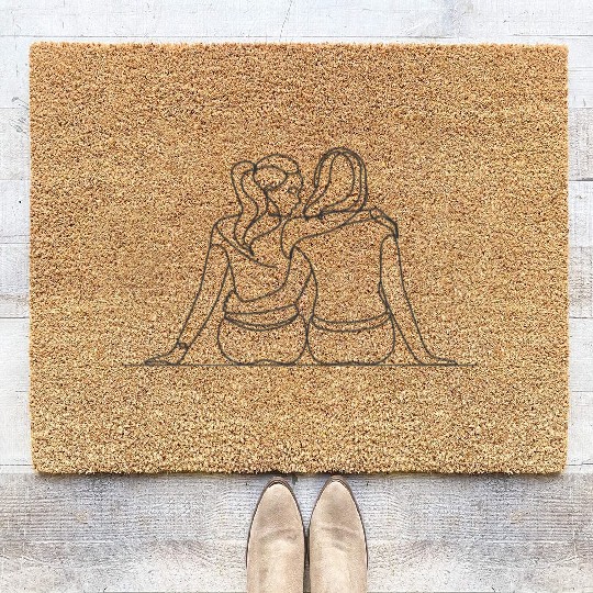Minimalist Illustration of Lesbian Couple in Love Coir Doormats
