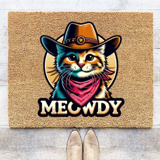 Cute Meowdy Cat Cowboy Pun Coir Doormats