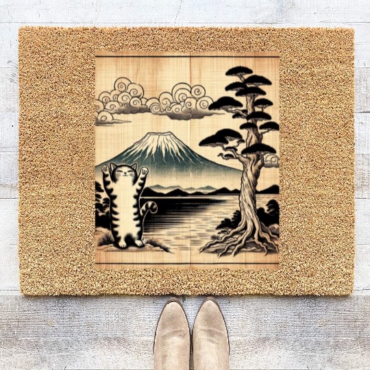 Mt. Fuji Kitten Papyrus Scroll Retro Japanese Art Coir Doormats