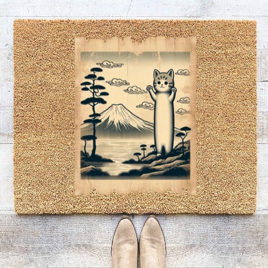 Mt. Fuji Kitten Papyrus Scroll Retro Japanese Art Coir Doormats