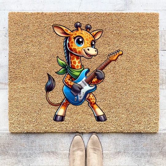 A cool giraffe playing guitar musician Coir Doormats