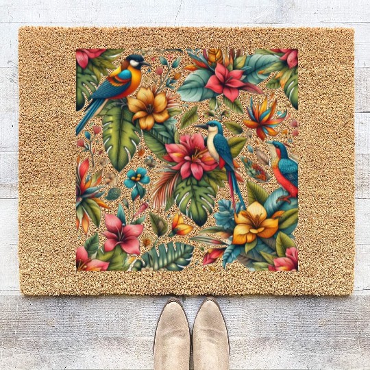 Tropical Flowers and Birds. Wild Plants Coir Doormats