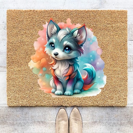 Cute Chibi Grey Wolf For Wolf Lovers Coir Doormats