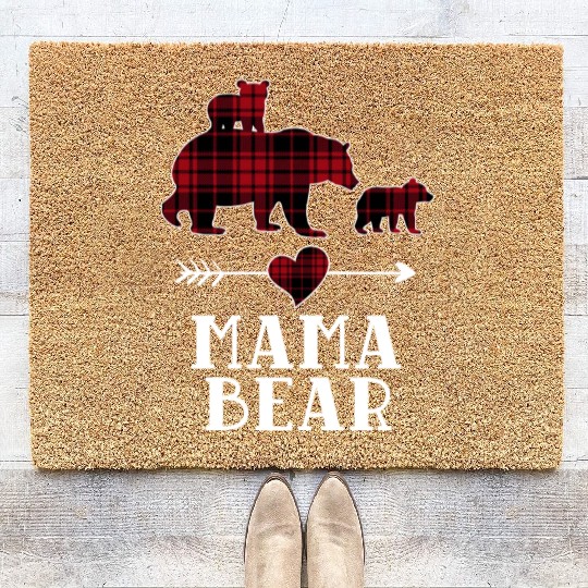 Mama Bear 2 Cubs Coir Doormats Christmas Mama Bear Plaid