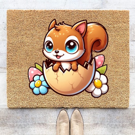 Cute Squirrel with Easter Egg Comic Design Coir Doormats
