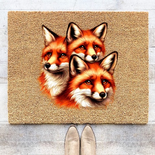 Three Red Fox Faces Coir Doormats