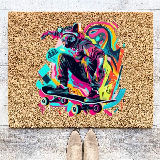 Radical Ride: Skateboarding Lemur in 80s Pop Art Coir Doormats