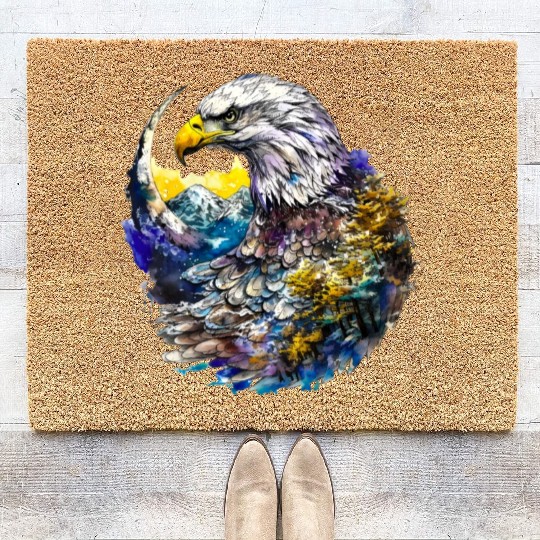 Wilderness Watercolor Forest Moon Eagle Coir Doormats