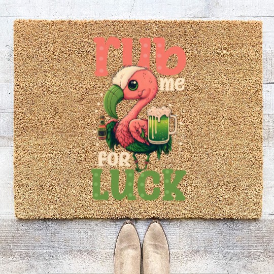 Irish Flamingo St Patricks Rub For Luck Coir Doormats