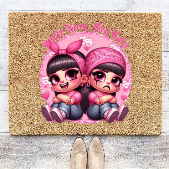 Smile Now Cry Later Drama girls Chicano Art Coir Doormats