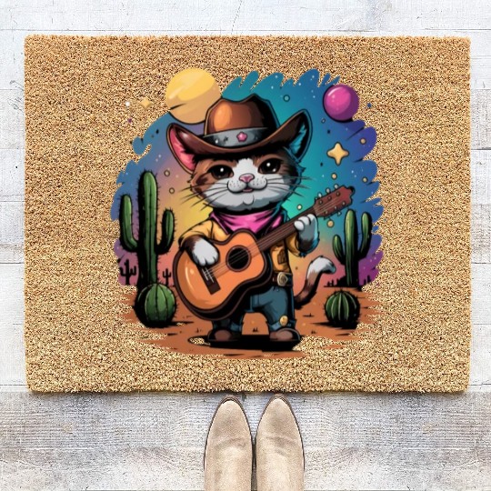 funny cowboy cat with guitar Coir Doormats
